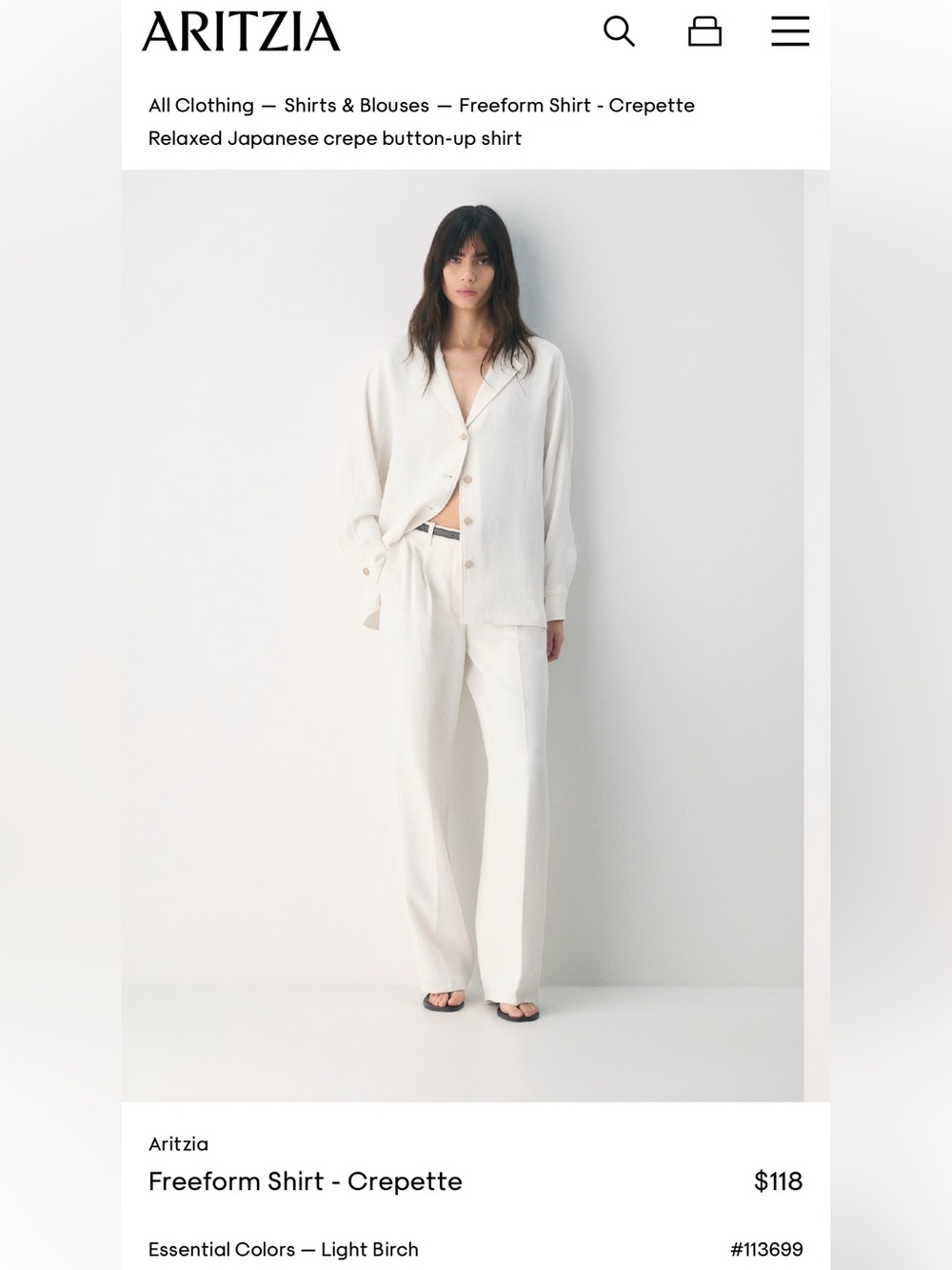 Aritzia Freeform Shirt Crepette Light Birch - Cream Blouse Button Down Shirt Top